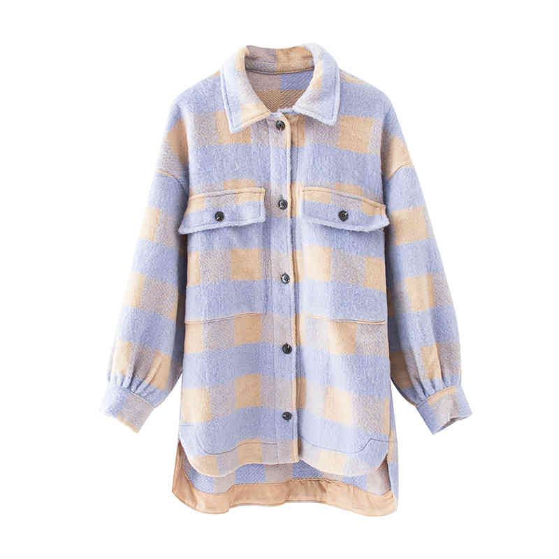 Women Woolen Plaid Coat With Pockets Batwing Long Sleeve Loose Jacket Turn Down Collar Casual Ladies Tops Outerwear New 210415