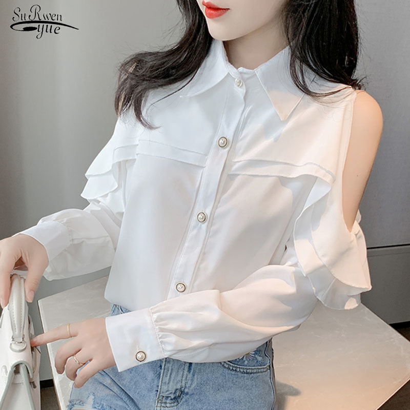 Blusas Autumn Off-Shoulder Chiffon Shirt White Blouse Women Temperament Korean Fashion Loose Reffles Turn-down Collar 10844 210521
Blusas Autumn Off-Shoulder Chiffon Shirt White Blouse Women Temperament Korean Fashion Loose Reffles Turn-down Collar 10844 210521