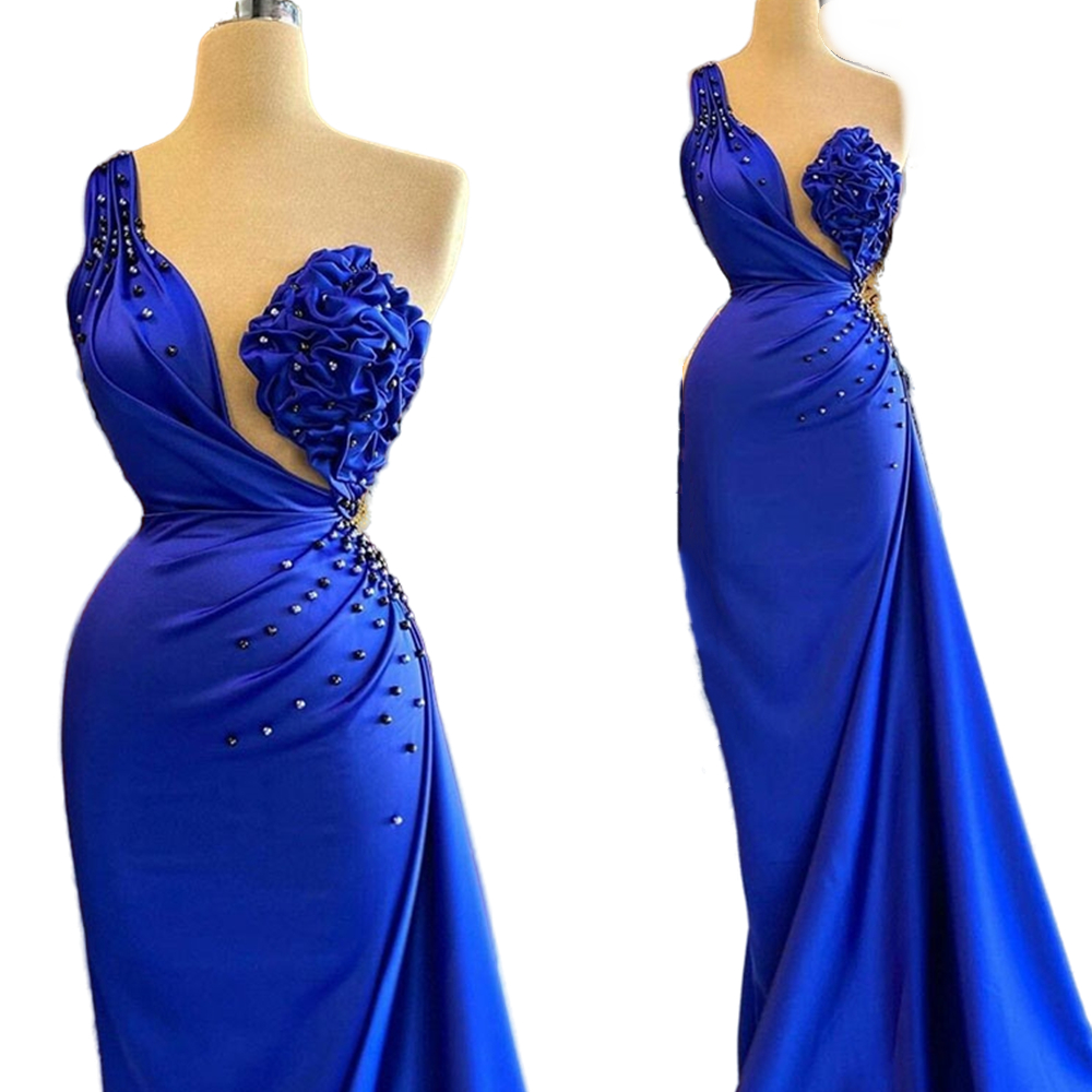 Elegant Royal Blue One Shoulder Formal Evening Dresses With Overskirt Crystals Beading Luxurious Mermaid Long Celebrity Party Dress Women Prom Gowns