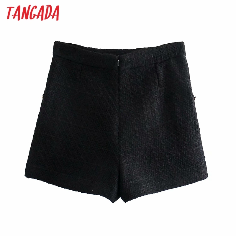 Women Elegant Black Tweed Buttons Decorate Zipper Pockets Female Retro Casual Shorts Pantalones 4M04 210416