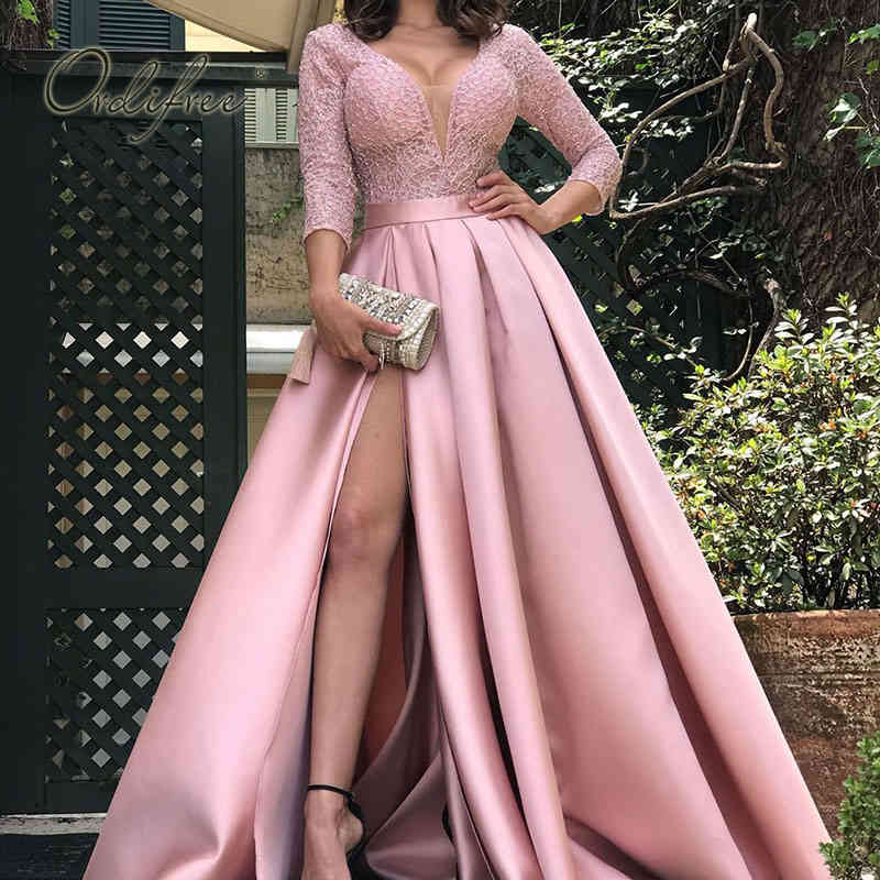 Spring Autumn Floor Length Long Party Elegant Lady Lace Sexy Split Satin Maxi Dress Plus Size S-5XL 210415 - view 3