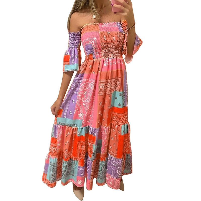 Women Dress Printed Bohemia es Sexy Long Print Floral Maxi Slash Neck Off Shoulder Summer es