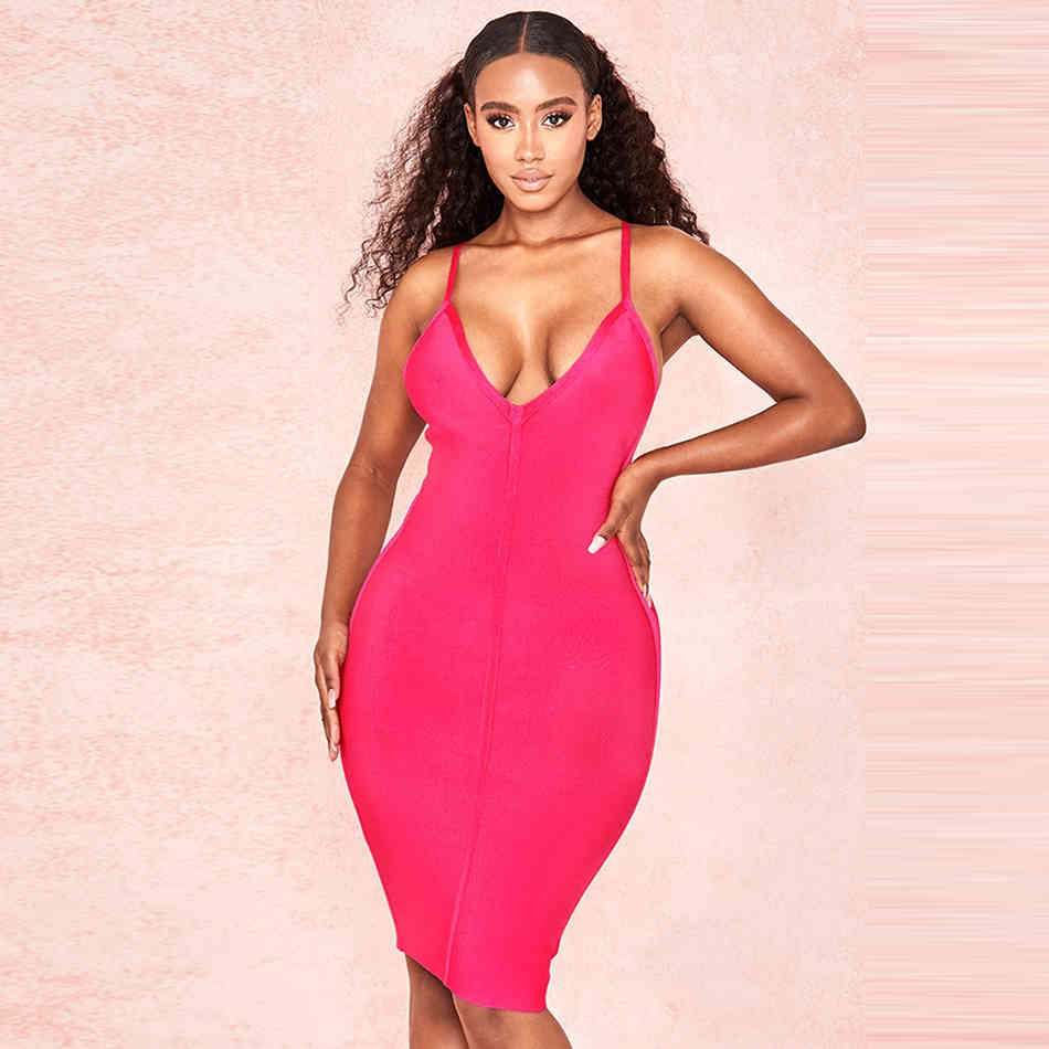 Free Summer Bandage Dress Club Evening Party Vestidos Sexy V-neck Strap Sleeveless Bodycon Knee-length 210524