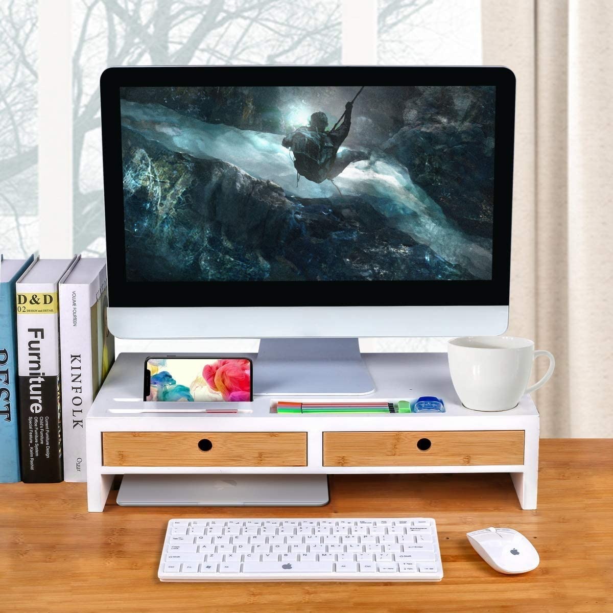 Monitor Stand Computer TV Riser with 2 Drawers & Desktop Organizer Laptop Printer Stand with Keyboard Storage Space for Home & Office