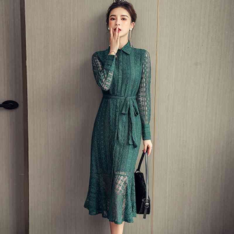 Spring Elegant Women Vintage Lace Long Sleeve Dresses High Waist Casual Slim Green Trumpet Mermaid Vestidos 210520