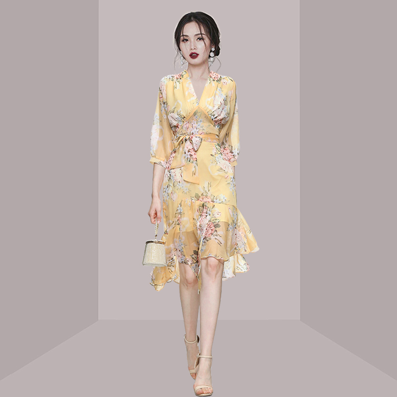 Runway Summer Two Piece Set Elegant Women Yellow Floral-Print Lace-Up Chiffon Top + High Waist Irregular Skirts Outfits 210519
