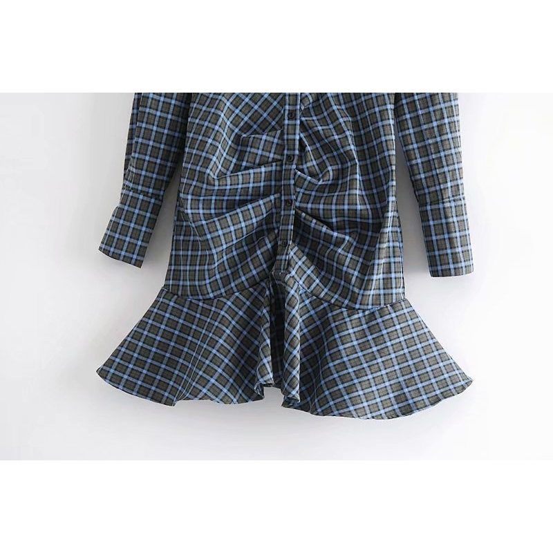 Vintage Women Dark Blue Plaid Dress Fashion Ladies Button Draped Vestidos Elegant Female Chic Asymmetric Mini Dresses 210430
