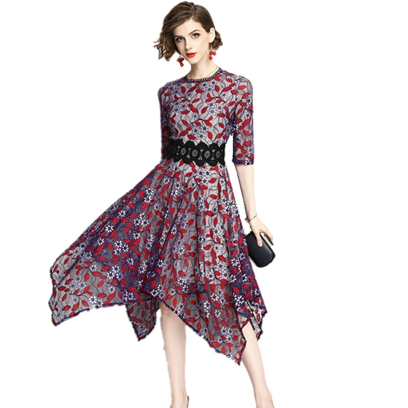 High Quality Women Elegant Summer Lace Dress Irregular Robe Feminino Party Vestidos Runway Dresses 210520