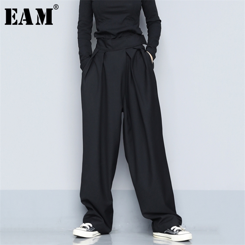 [EAM] High Waist Black Brief Pleated Long Wide Leg Trousers Loose Fit Pant Fashion Spring Autumn 1S399 211112
