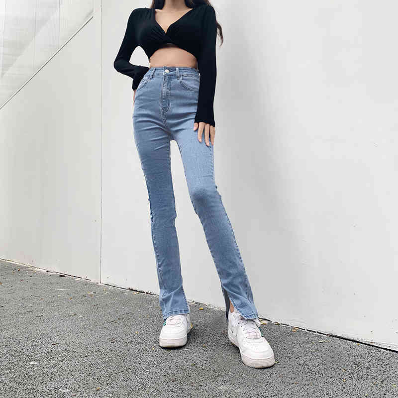 Stretch Jeans Woman High Waist Femme Split Pencil Tight Denim Skinny Trousers Flared Pants Women Donna Bell Bottom 210429