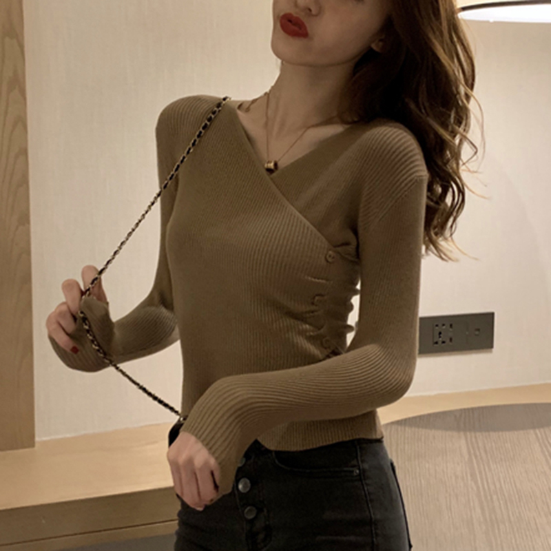 Autumn Women Cross V-neck Full Sleeve Pullovers Sweaters Girls Knitted Knitwear Side Buttons Sweater Crop Tops For Female 11784 210415