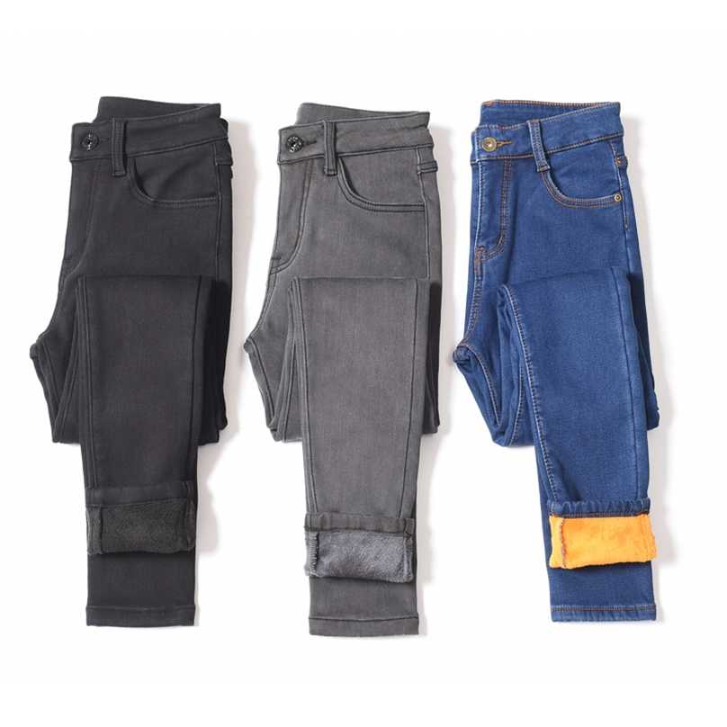 Warm Winter Plus Size Slim Jeans Women Advanced Stretch Cotton Denim Pants Thick Fleece Student Trousers Blue Black Gray 211112