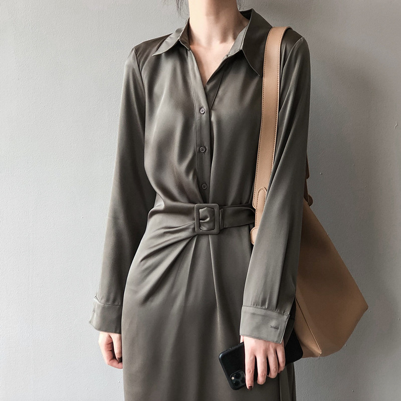 Autumn Spring Fashion Work Wear Lapel Shirt Dress Women Chic Elegant OL Single Breasted Satin Long Dresses Vestidos 210421