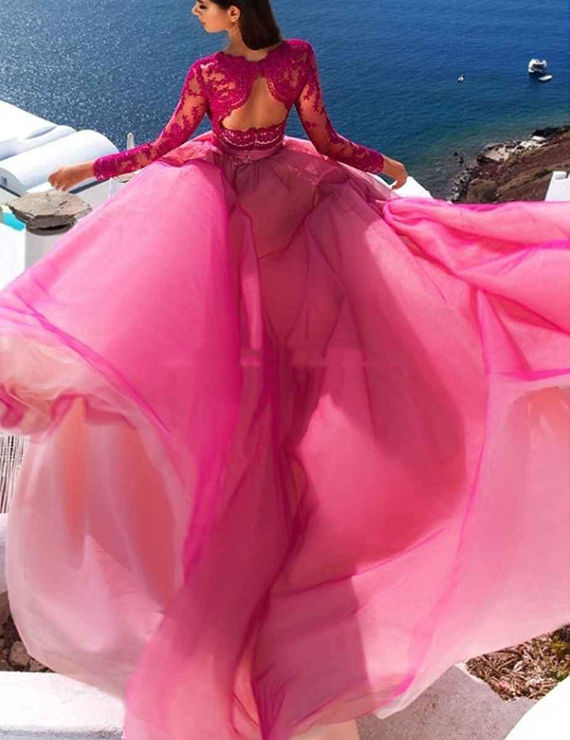 Two Piece Fuchsia Prom Dresses For Girls Lace Long Sleeve Tulle A-Line Sweet 16 Brithday Quinceanera Dress Appliqued Jewel Neck Evening Party Gowns