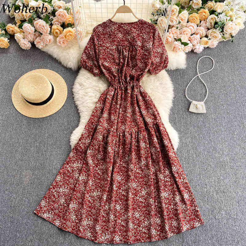 Korean Vintage Floral Print Party Long Dress Women V-neck Puf Sleeve Beach Holiday Midi Dresses Chic Sweet Robe Femme 210519