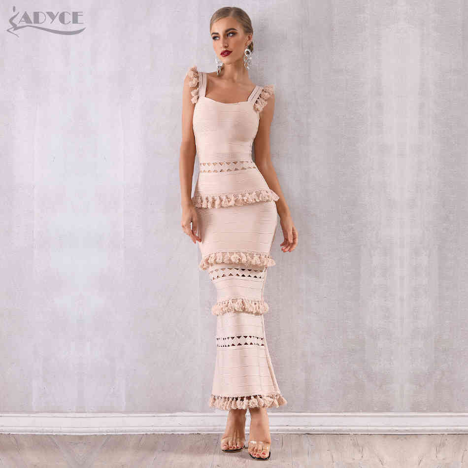 Summer Women Maxi Hollow Out Bandage Dress Sexy Sleeveless Tassel Club Fringe Celebrity Evening Party 210423