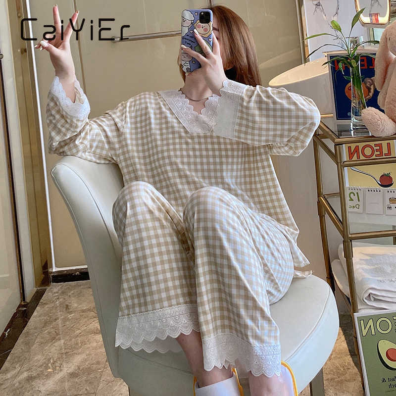 CAIYIER Women Grid Pajamas Set Princess Sweet Fashion Cute Sleepwear Sexy Lace Long Sleeve Pant V-Neck Loose Homewear 2Piece/Set 210924