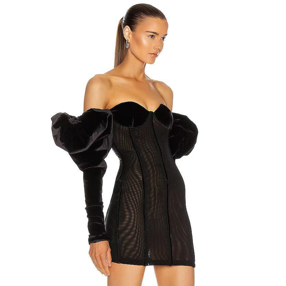 Summer Women Black Long Puff Sleeve Mini Bodycon Velvet Dress Sexy Off Shouler Club Celebrity Runway Party 210423