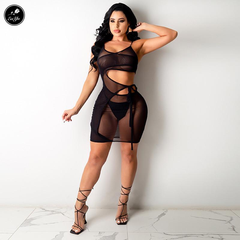 Enyu S-4XL Fashion 2021 Summer Sexy Women Black Brown Solid Mini Dress Camisole Thin Guazy See-Through Club Casual Dresses