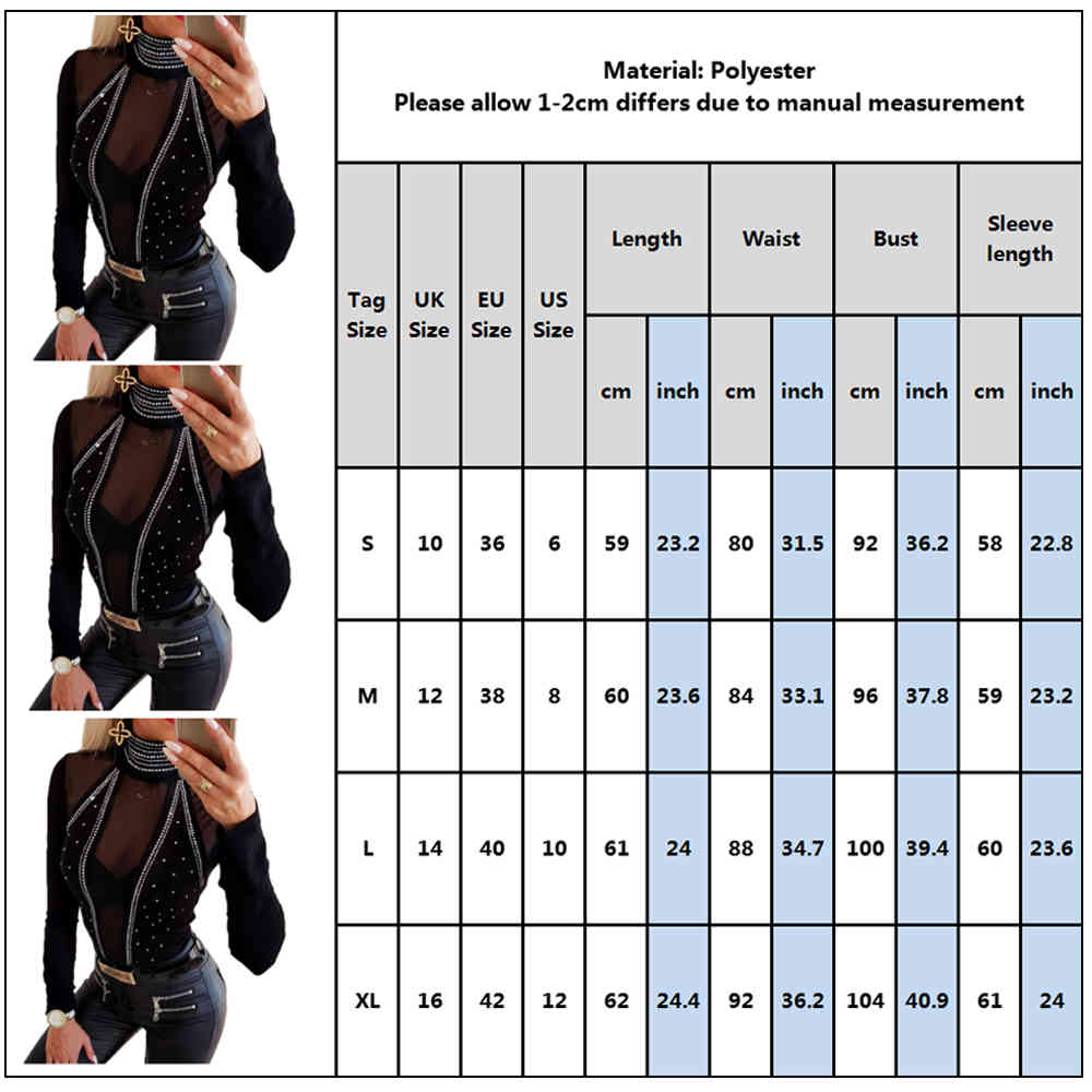 Sexy Women Mesh Tops Rhinestone Stand Collar Ladies T-shirt Solid Black Woman Tee Shirt Long Sleeve Slim Fit Female Tops D30 210406