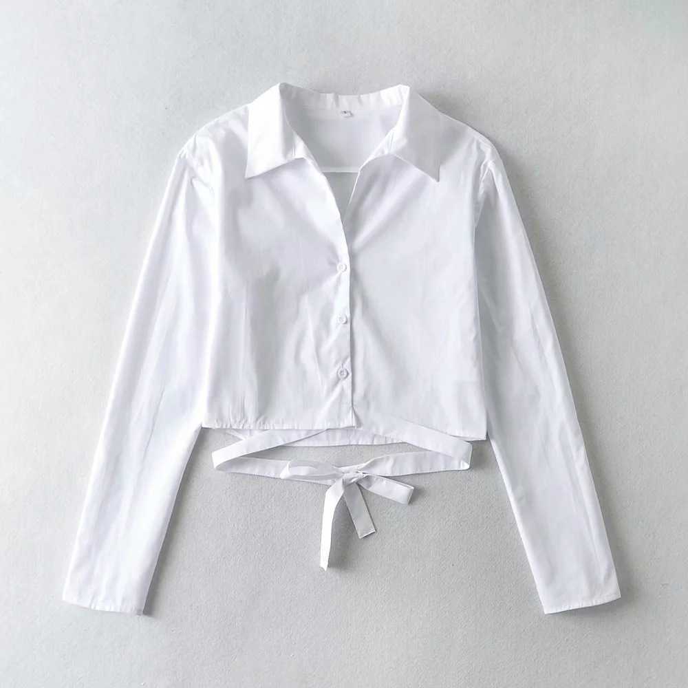 Strappy Personality Turn Down Collar White Shirt Women's Spring Fashion Tie Short Open Umbilical Top 210615Z