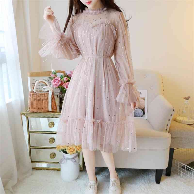 Comelsexy Fashion See Through Sequined Dresses Vestidos Varano Romantic Sexy Mesh Sweet Cute Loose Ruffles Casual Dress 210515