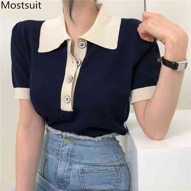 Summer Korean Knitted Striped T Shirts Tops Women Short Sleeve Turn-down Collar Buttons Tees Casual Fashion T-shirts Femme 210518
Summer Korean Knitted Striped T Shirts Tops Women Short Sleeve Turn-down Collar Buttons Tees Casual Fashion T-shirts Femme 210518