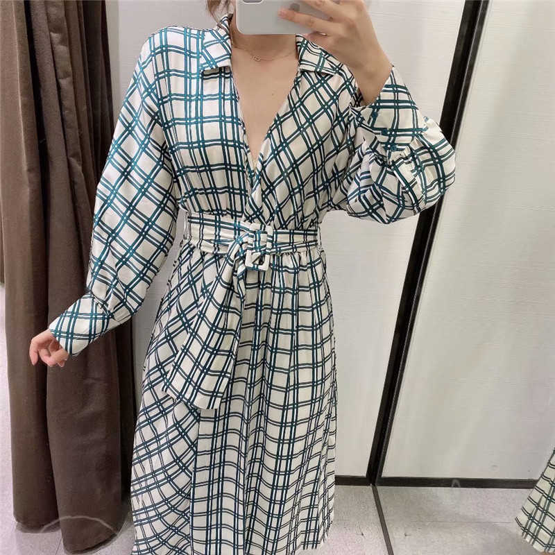 Za Woman Autumn Plaid Print Belt Dress Lapel Collar Long Sleeve Green Dress Elastic Waistband Women Elegant Long Dresses 210602