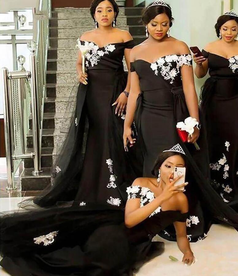 Size Plus Black Mermaid Bridesmaid Dresses Lace Applique Off Shoulder Detachable Train Satin Wedding Guest Maid of Honor Dress Formal Gowns