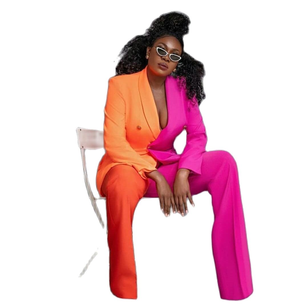 Modern Fuchsia And Orange Prom Dresses Pant Suit V Neck Long Sleeve Formal Party Gowns Double Buttons Evening Wear Special Occasion Outfit Color Match