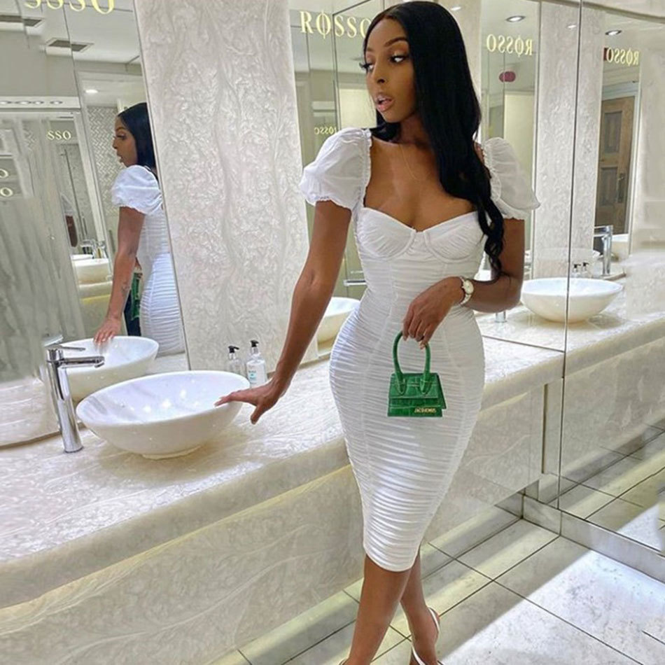 Free Summer Women's Midi Dress Sexy Square Neck Puff Sleeve Mesh Draped Bodycon Club Party Vestido 210524