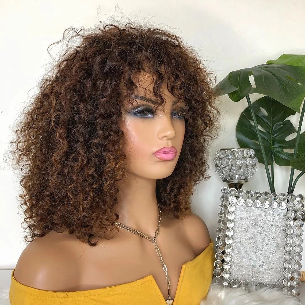 Brown/Black Color Brazilian Short Curly Lace Front Wigs For Black Women Pre Plucked With Bangs Synthetic Bob Frontal Wig