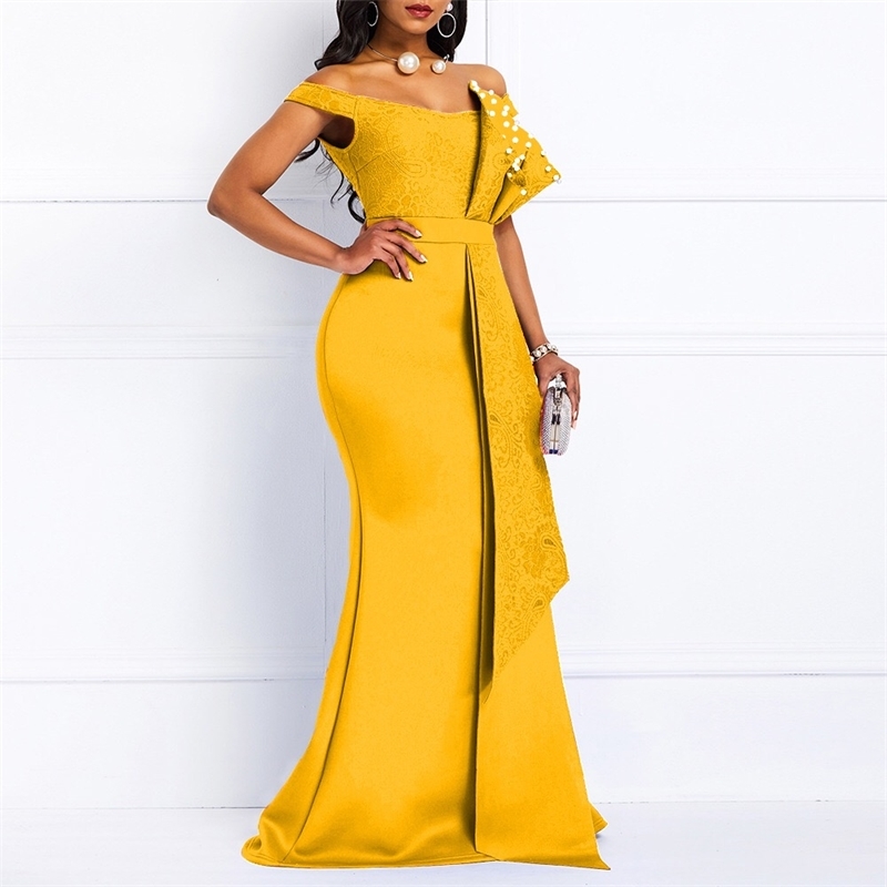 Yellow Off Shoulder Mermaid Beading Maxi Dress For Women, Sexy Prom Evening Wedding Party Or Length, Polyester, Short Sleeve,