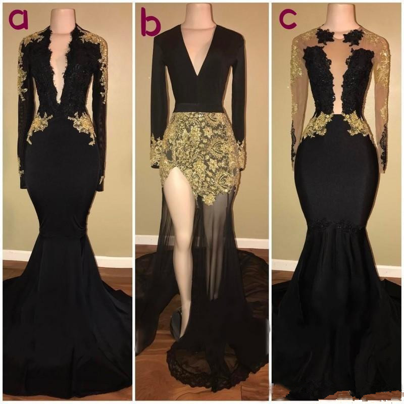 Chic Black Evening Dresses Long Sleeves Gold Lace Appliques Custom Made Formal Prom Party Gowns Robe De Mariée