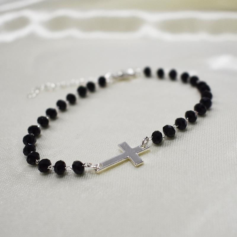 Charm Bracelets 2021 Fashion Exquisite Black Beades Cross Bracelet Gold Color Metal Chain For Women Men Party Gifts Jewelry