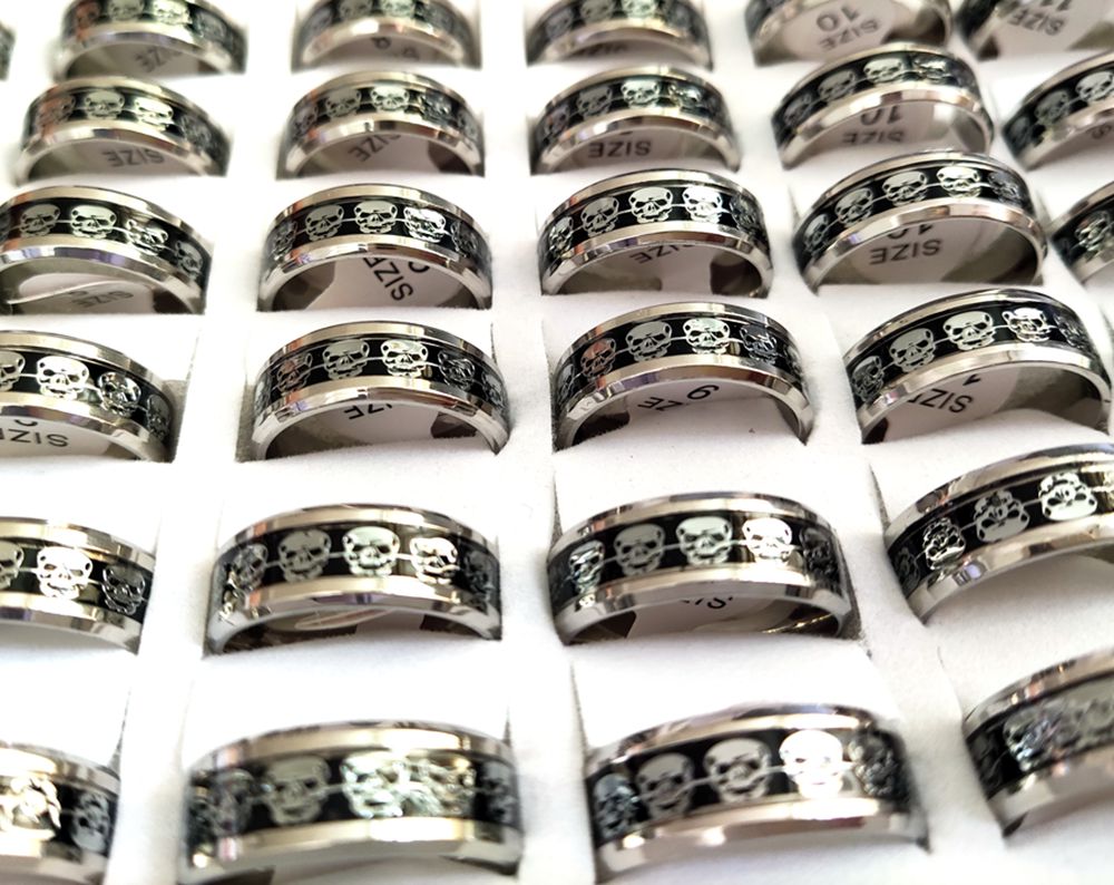 30pcs Top Quality Men's Skull Rings Stainless Steel 316L Gothic Biker Ring Comfort-fit rings Wholesale Jewelry Lot