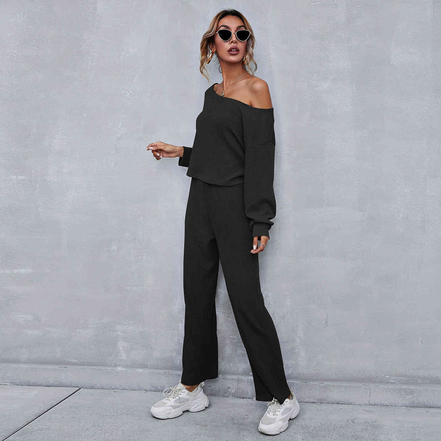 women knitted suits Spring Autumn long sleeve O-neck pullovers +full straight pants female Casual knit track set 210524