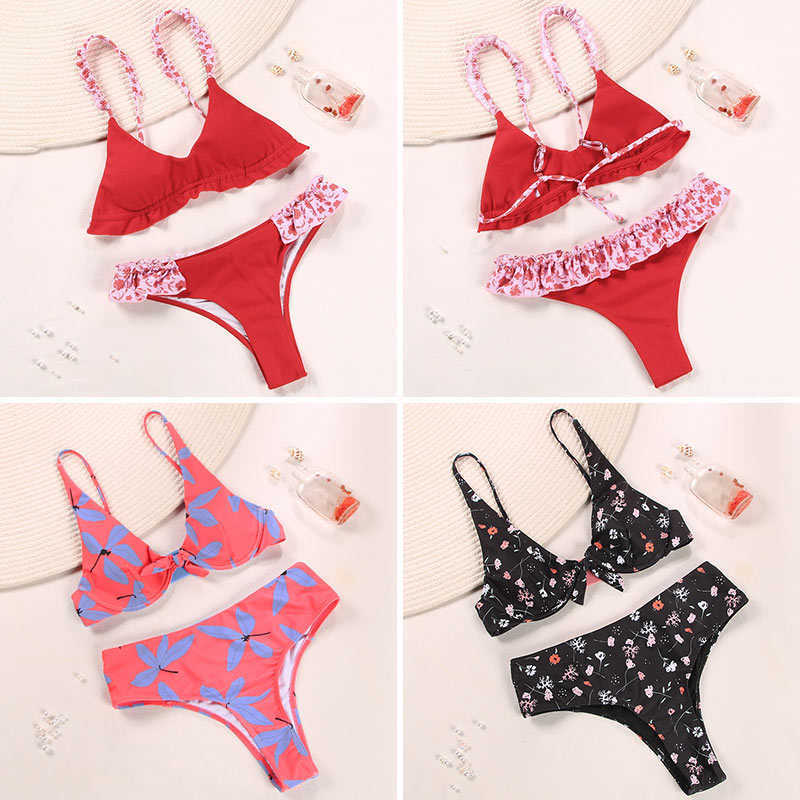 Miyouj Sexy Print Ruffle Bikini Cross Bandage Swimsuit Hollow Out Swimwear Floral Biquini Feminino V-Neck Set Beach Wear 210611