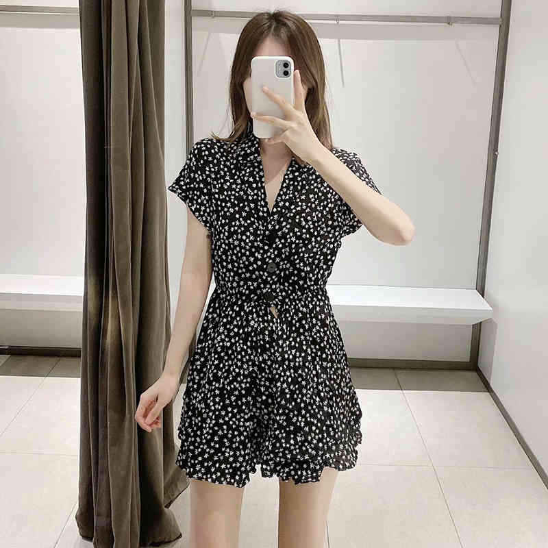 Summer Boho Floral Print Bodysuit Women Loose Casual Short Sleeve Jumpsuit Playsuit Turn Down Collar Holiday Beach Overalls 210515