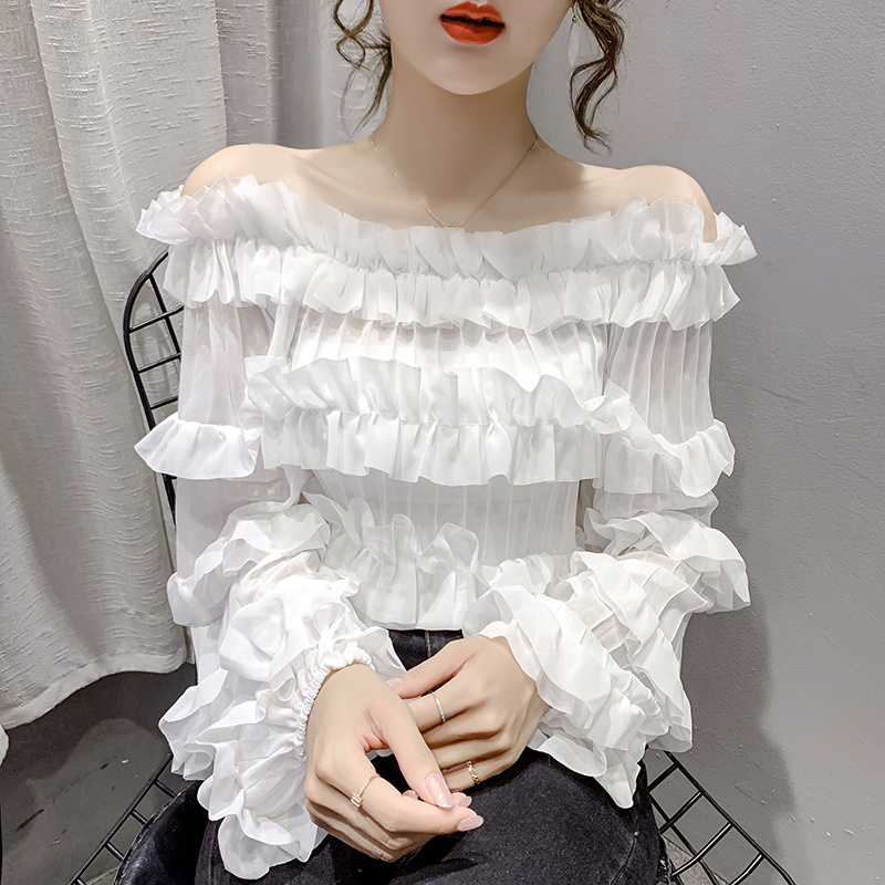 Kimutomo Ruffles Chiffon Blouse Spring Fashion Girls Slash Neck Off Shoulder Flare Sleeve Short Shirt Elegant Casual 210521
