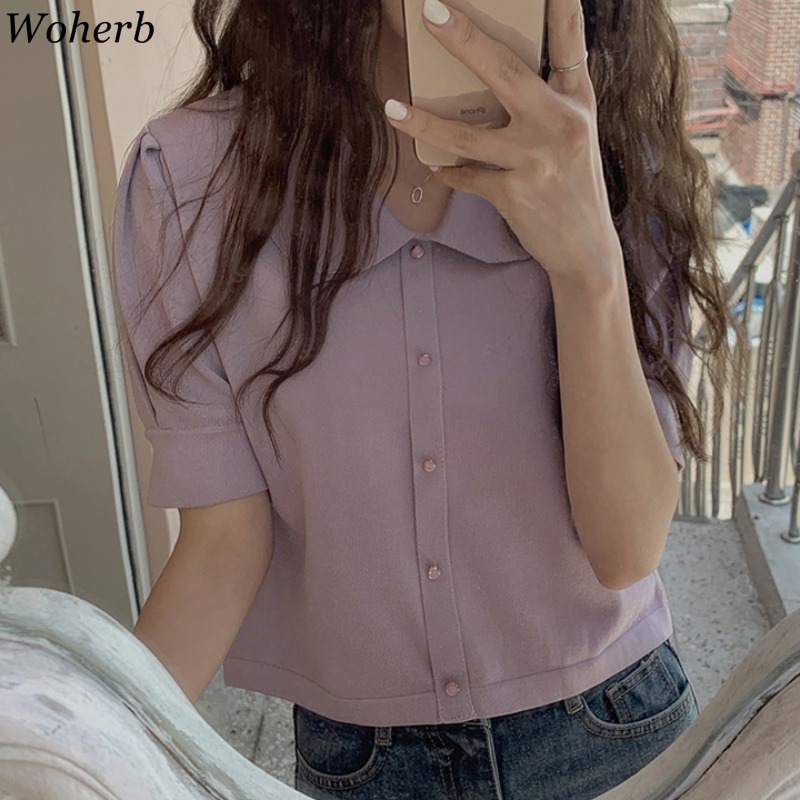 Knitted Thin Tops Women Solid Color Short Sleeve Single Breasted Sweater Sweet Peter Pan Collar Fashion Cardigan Sueter 210519