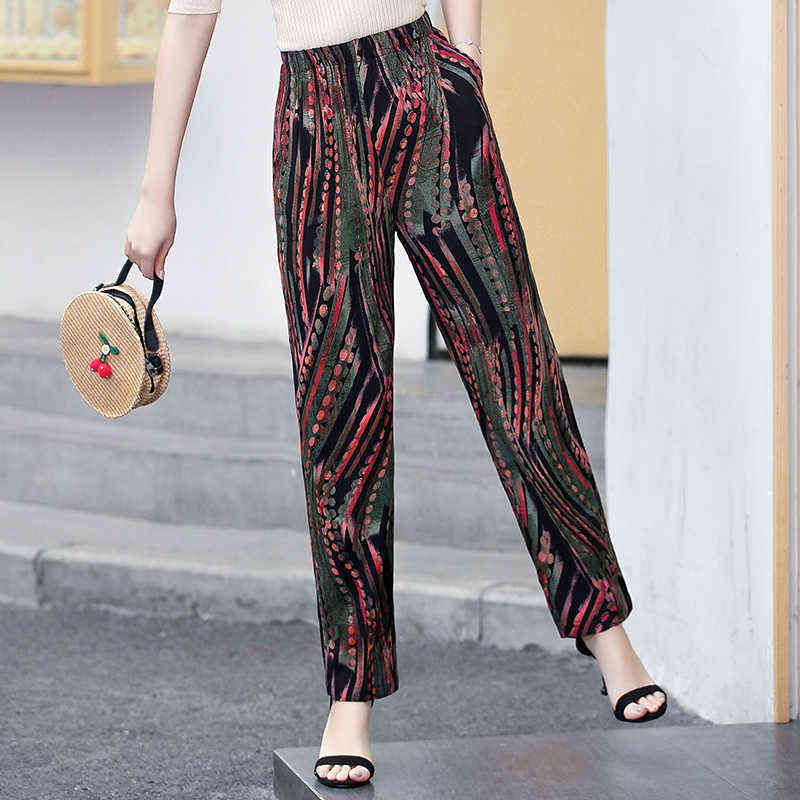 Women Harem Pants Summer Print Beach Pencil Casual Plaid High Waist Ankle-Length Trousers 211115