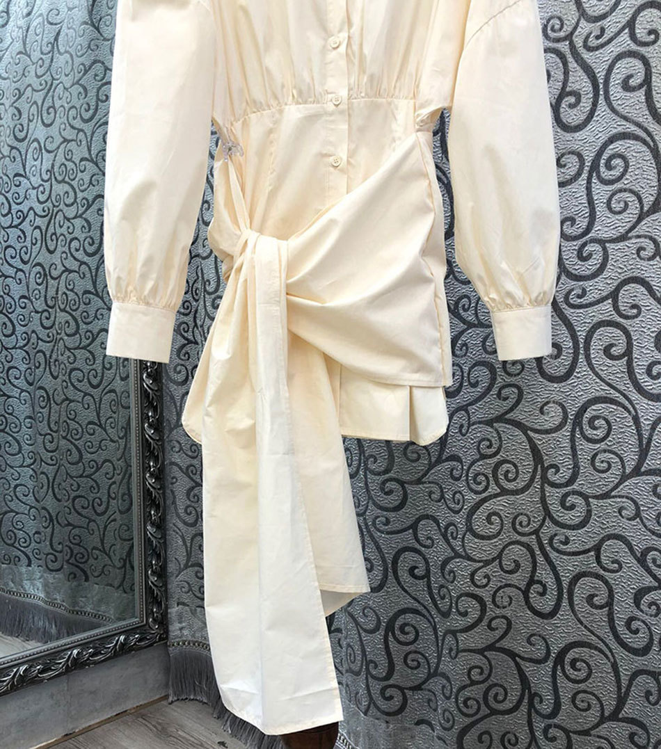 Free Fashion Women Pure Cotton Shirt Dress Sexy Lapel Lantern Sleeve Asymmetric Belt Party Vestido 210524