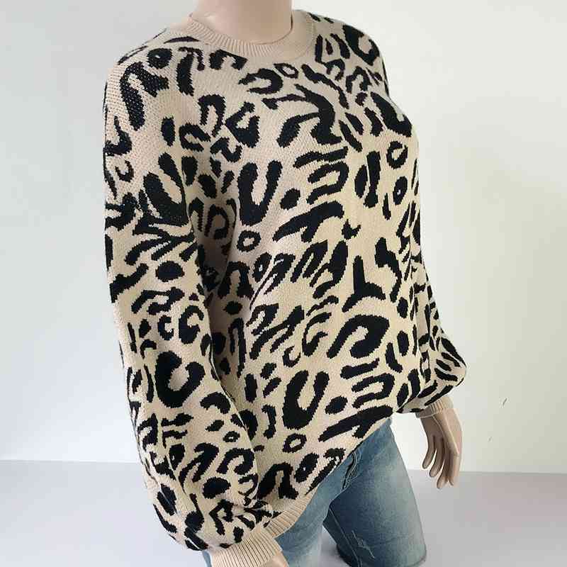 Qooth Leopard Sweater Women Pullover Knitted Sweaters Winter Fashion Long Sleeve Casual Loose Jumpers QH1941 210609