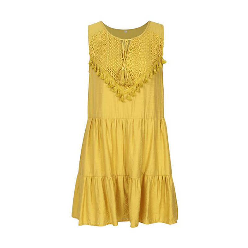Summer Dresses Women Elegant Sexy V-Neck Casual Boho Sleeveless Dress Vintage Yellow Beach Lace-Up Sundress Female Clothes 210630