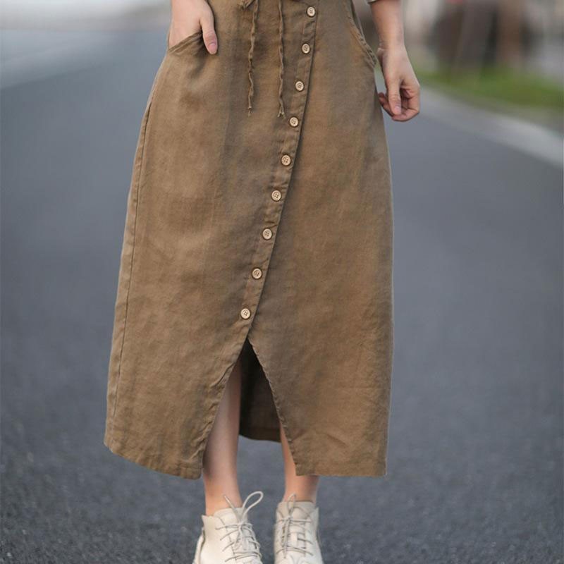 Summer Arts Style Women High Waist Casual Long Skirt Single-breasted 100% Linen Vintage Femme Saia Longa M290 210512