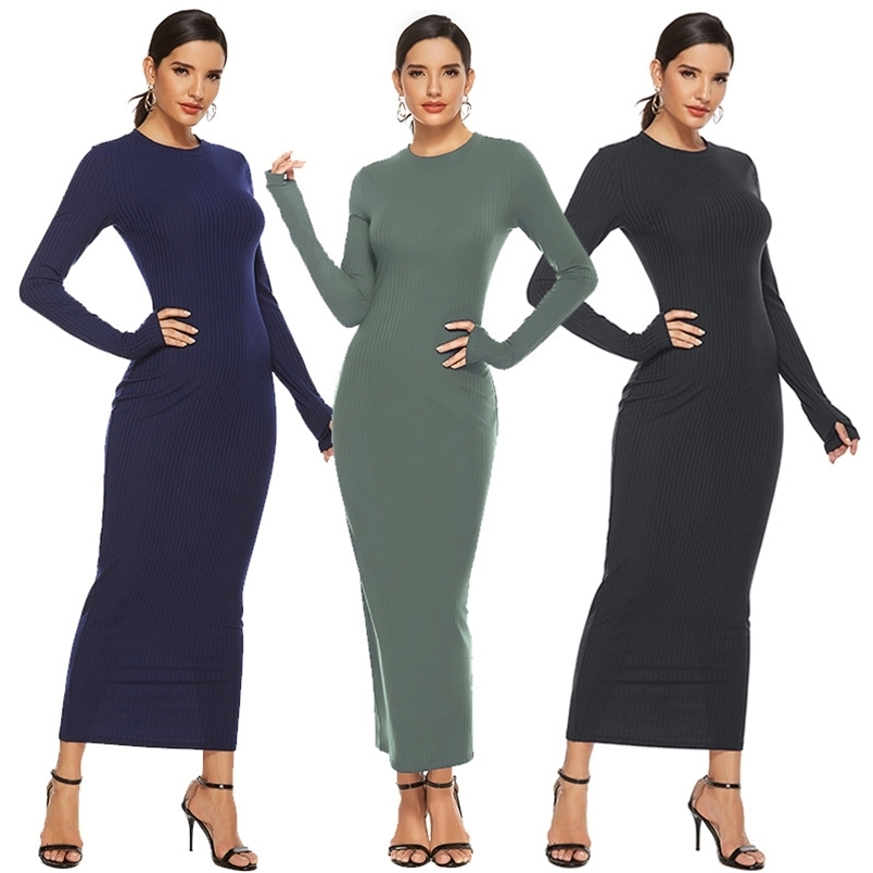Autumn Winter Skinny Maxi Dress Women Sexy O Neck Long Sleeve Finger Hole es Elegant Rib Knit Slim Robe Female 210522