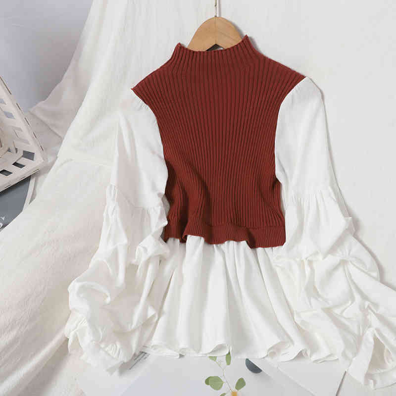 Nomikuma Knitted Patchwork Pullovers Autumn Puff Long Sleeve O-neck Knitted Sweater Causal Women Ruffle Pull Femme 6C605 210427