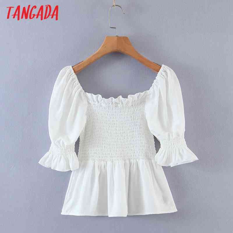 Women Retro White Ruffles Shirt Summer Blouse Puff Sleeve Chic Female Short Tops 8M7 210416
