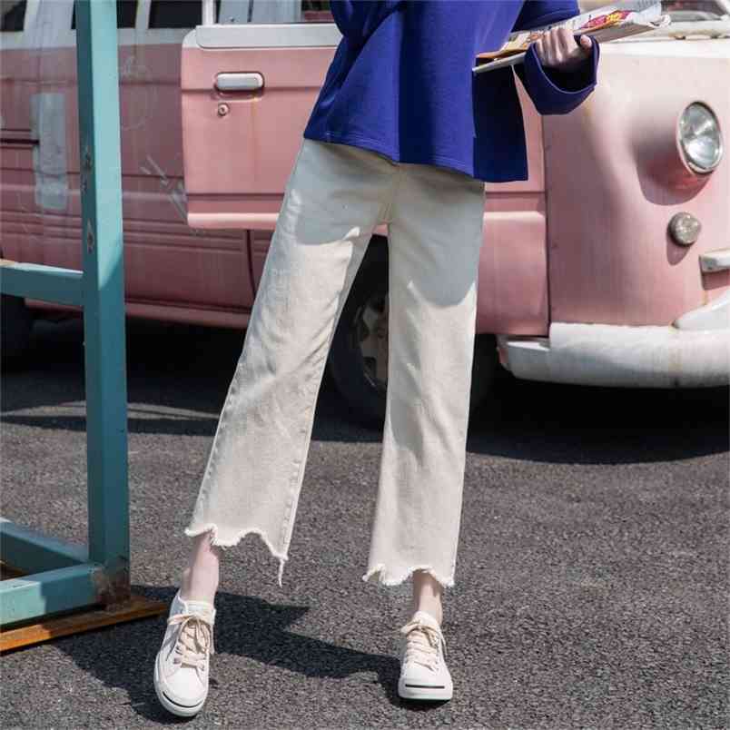 Spring Korea Fashion Women Jeans Irregularity Tassels High Waist Loose Straight Denim Pants Cotton black Wide Leg D170 210512